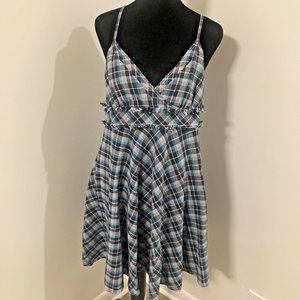FREE PEOPLE Blue Plaid Strappy Linen Blend Frayed Raw Edge Empire Sun Dress 6